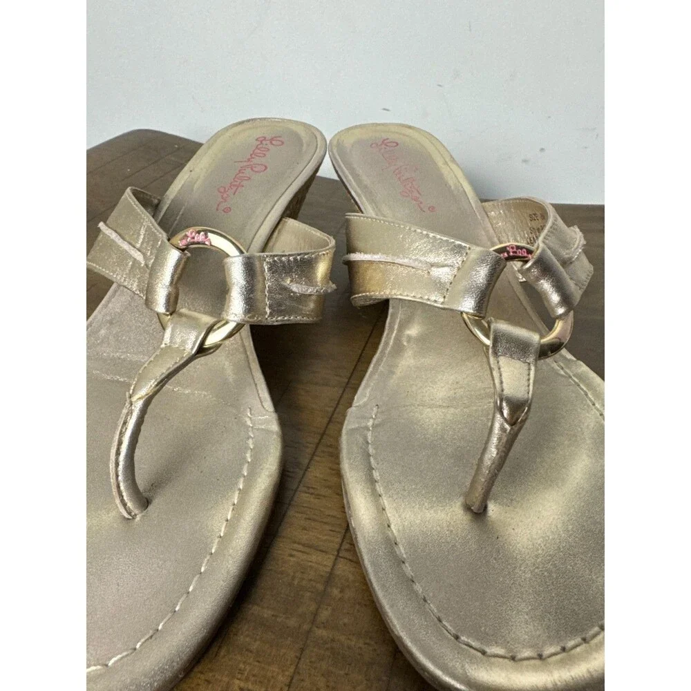 Lilly Pulitzer McKim Gold Metallic Leather Wedge Sandals Women’s 8M Resort